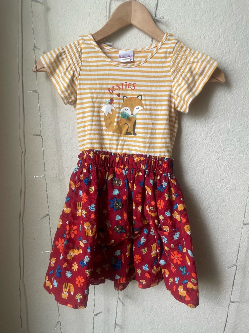 Nannette Yellow Striped Fox Top with Red Floral Skirt Dress